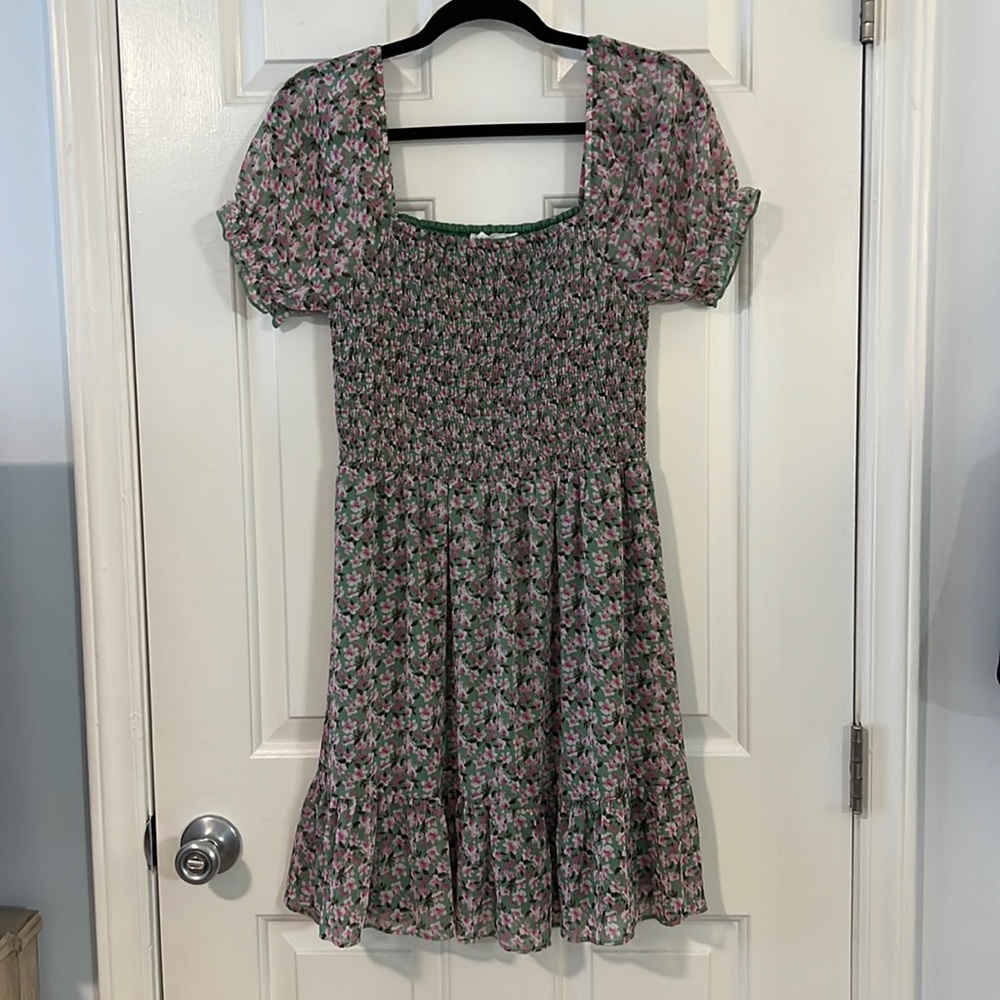 Floral Square Neck Puff Sleeve Smocked Bodice Mini Dress - M - Lush